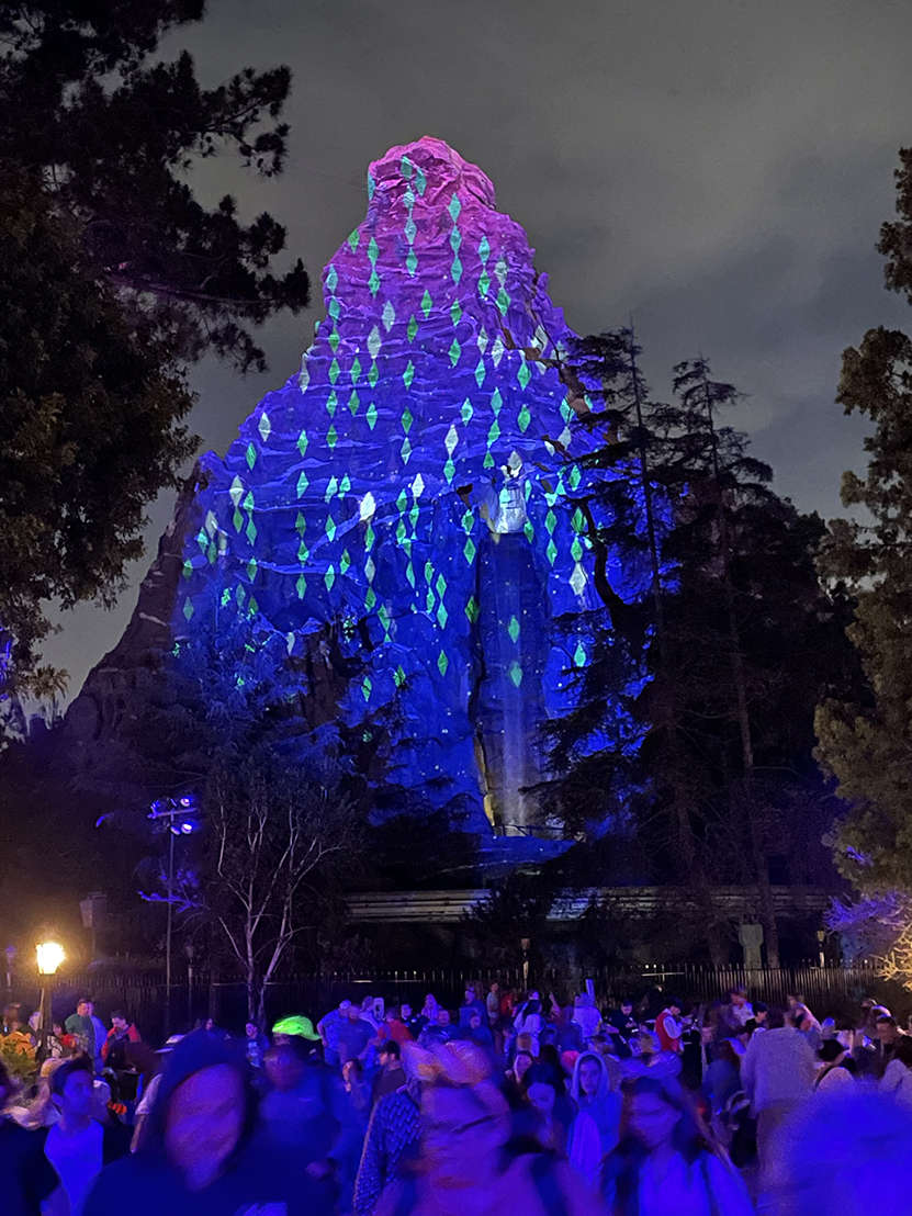 Diamond-shaped lights decorate Disneyland's Matterhorn mountain