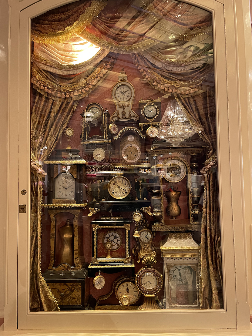 Clocks on display in Disneyland's Crystal Arcade