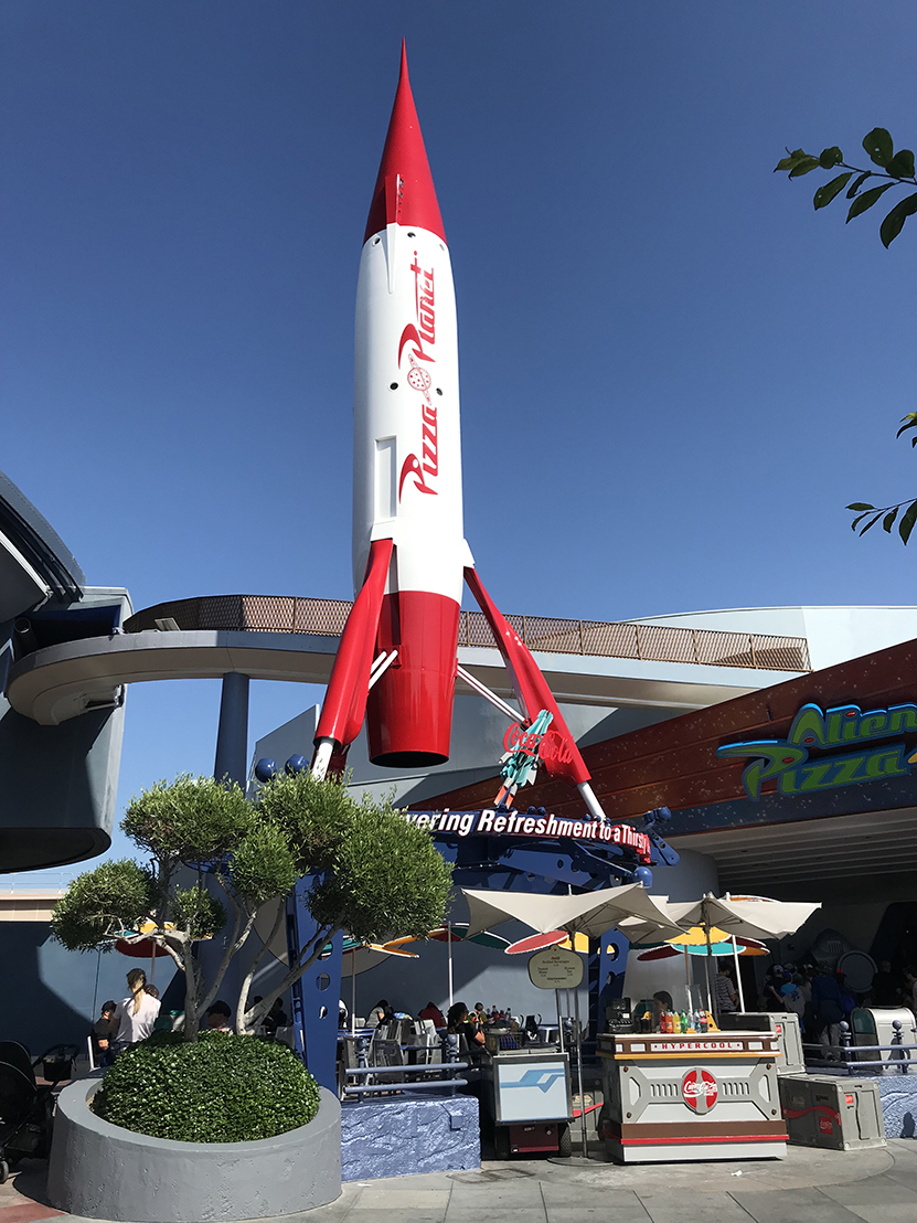 Alien Pizza Planet with rocket outside in Tomorrowland in Disneyland