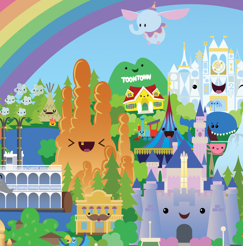 Whimsical illustration of Disneyland attractions