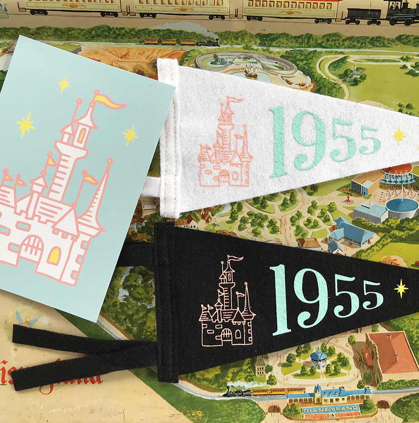 1955 Disneyland Castle flag pennants and castle postcard