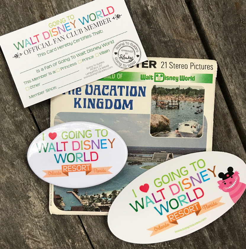 Walt Disney World Fan Club card, button and sticker with ViewFinder slides for The Vacation Kingdom Walt Disney World