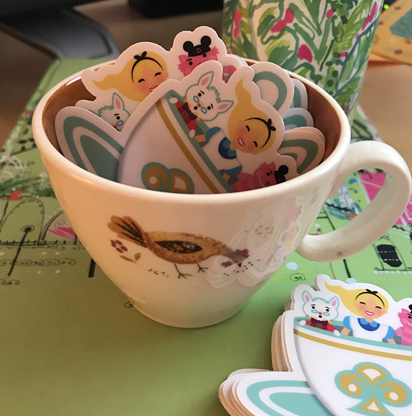 teacup with Alice in Wonderland Mad Tea party stickers