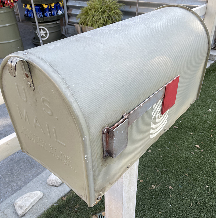 Sarge's mailbox by Sarge's Surplus Hut in Disney California Adventure Disneyland Resort