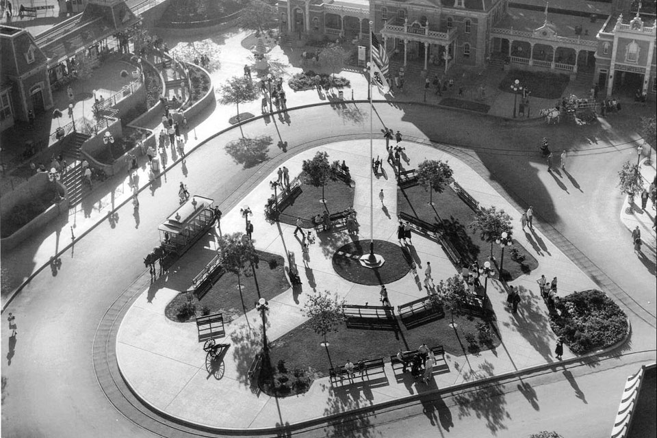 bird's eye view of Town Square in Disneyland